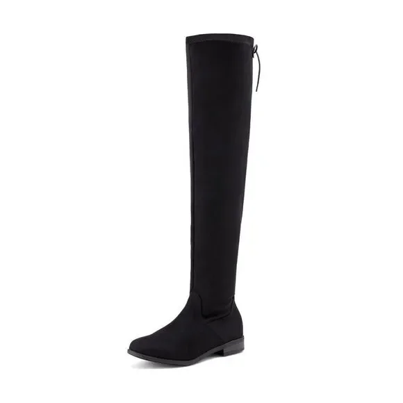 Y2K Thigh High Suede Riding Boots Lace Up Pull-On Black 1.5-inch heel