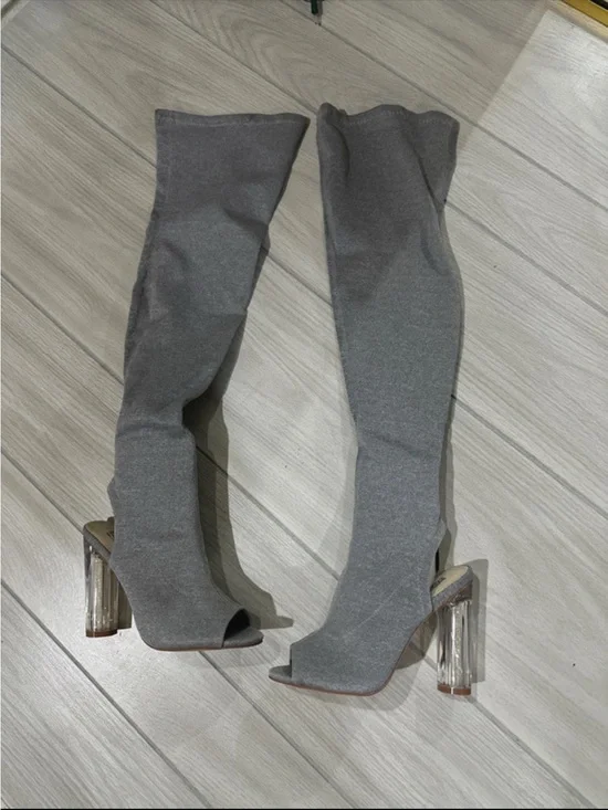 Cape Robbin Gray Over-the-Knee Peep-Toe Boots with Clear Block Heel