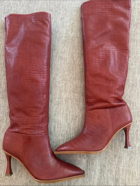 Croc-Embossed Over-the-Knee Pointed Boot in Brick Red