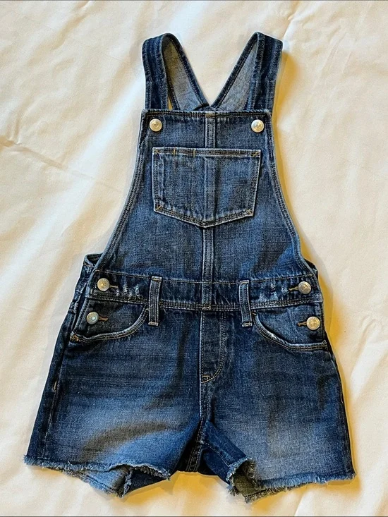 Kids Denim Short Bib Overalls - Dark Blue Adjustable Straps