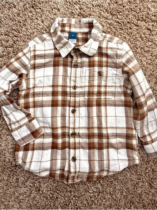Old Navy Boys 3T Brown Cream Plaid Flannel Button Down Shirt