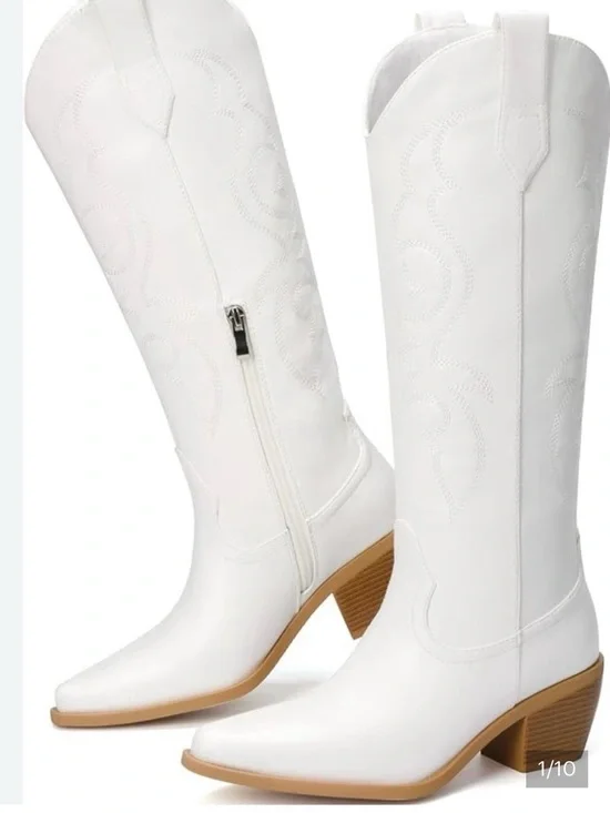 Women's White Over-the-Knee Western Boots with Block Heel