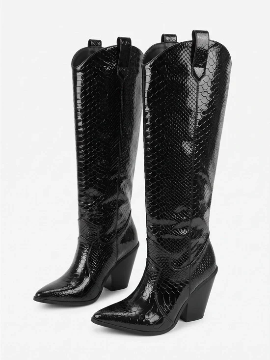 Black Glossy Snake-Embossed Knee-High Western Boots