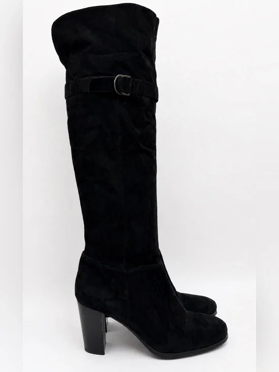 Adrienne Vittadini Black Suede Leather Knee High Boots Block Heel Size 9M