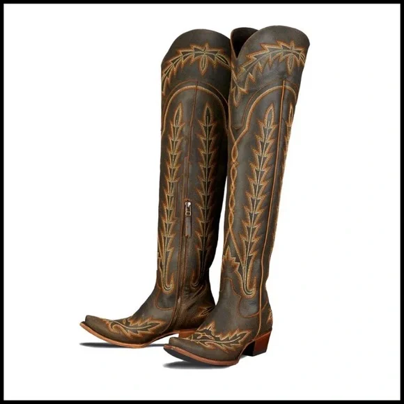 Over the Knee Cowboy Boots Chunky Heel Western Embroidery Side Zipper
