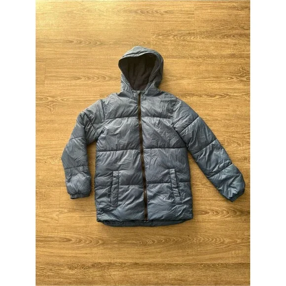 Old Navy Boys Hooded Puffer Jacket XXL 18 Blue Gray Fleece Lined Coat Insulated