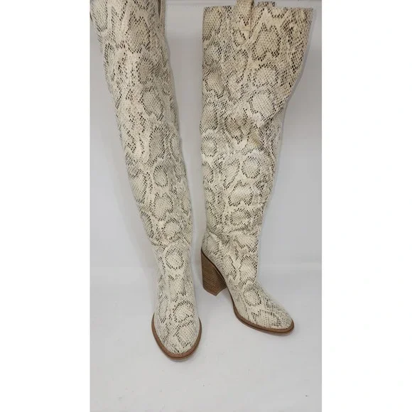 Mi.iM Over The Knee Boots Women Sz 6 Cream Grey Snakeskin Block Heel Pointed Toe
