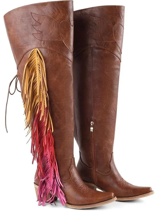 Women's Brown Over The Knee High Heel Boots Faux Fur Pointed Toe Western Boots