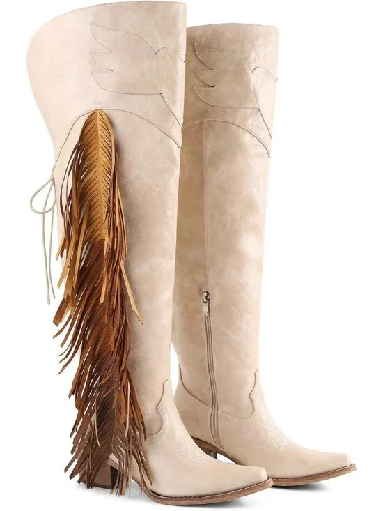 Women's Beige Knee High Furry Heel Boots Faux Fur Pointed Toe Snow Western Boots