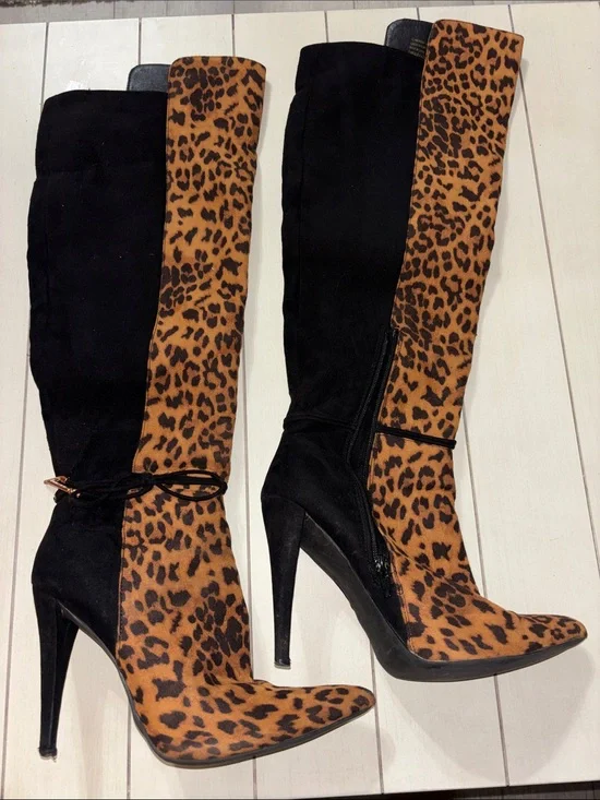 Glamorous Black & Leopard Over-the-Knee High-Heel Boots