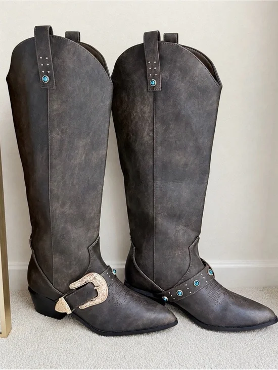 NWT* Brown Western Knee-High Cowgirl Boots with Turquoise & Gold Accents