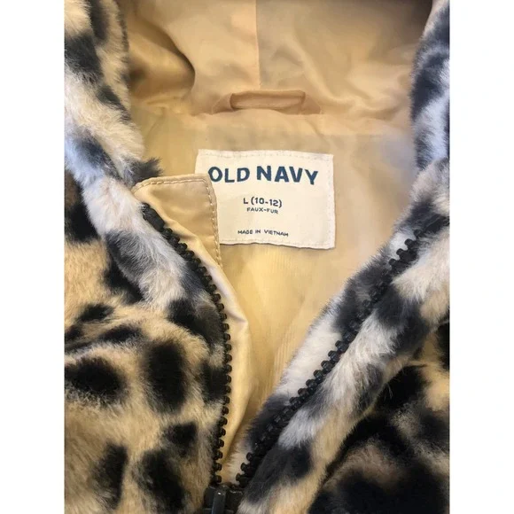 Old Navy Girls Leopard‎ Faux Fur Hooded Jacket Size L 10 12 Winter Warm