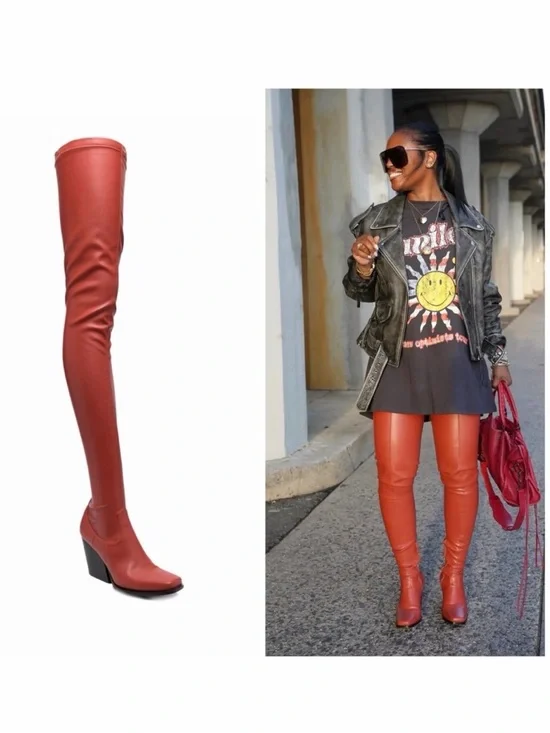 Stella McCartney Red Over Knee Boots Western Stretch Vegan Size 6 NWOB 🟠