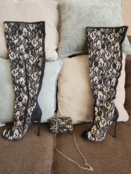 Shoedazzle KAYE Black and Nude Lace Knee-High Stiletto Boots