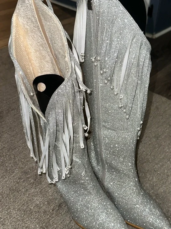 Silver Glitter Fringe Knee-High Women's Boots new