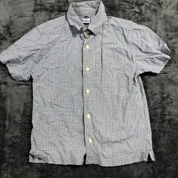 Old Navy Button Down Shirt Kids Size 7 Blue Gingham Short Sleeve Cotton 305456