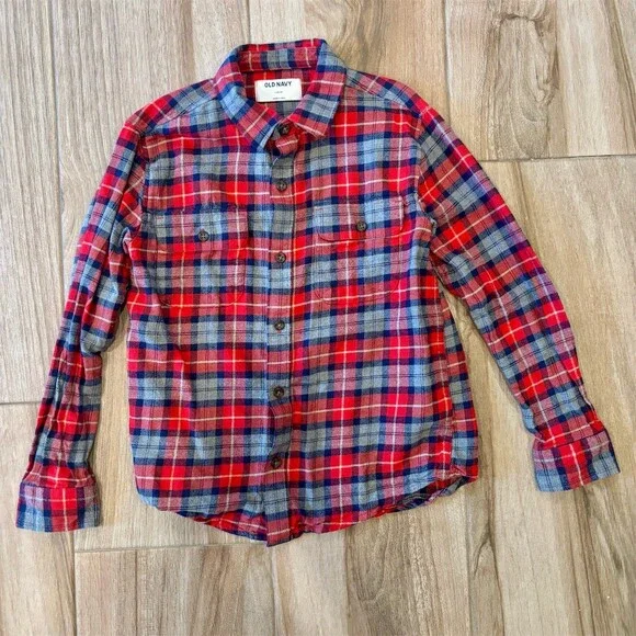 Old Navy Boys Flannel Plaid Button-Up Shirt Long Sleeve Multicolor Size