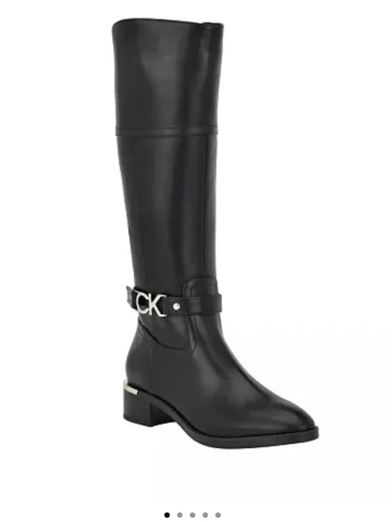 Calvin Klein Black Over-the-Knee Leather Boots with Logo Strap