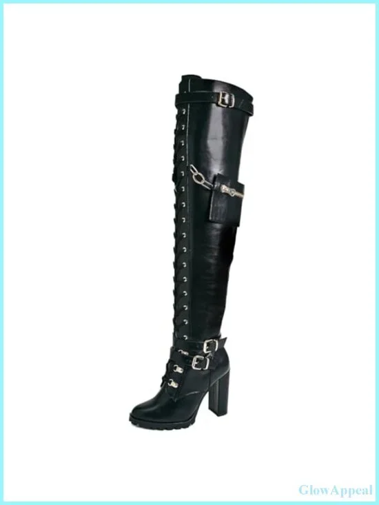 Thigh High Boots for Women Chunky Block Heel Lace Up Combat Riding Boots Wide