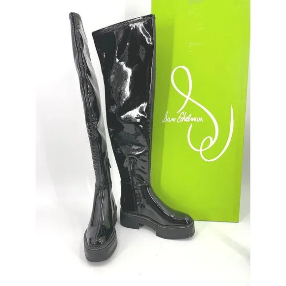 Sam Edelman Lydia Over The Knee Boots Womens 6.5 Black Patent Lug Sole NIB $225