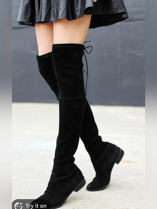 Stuart Weitzman Lowland Black Over-the-Knee Suede Boots with Rear Tie