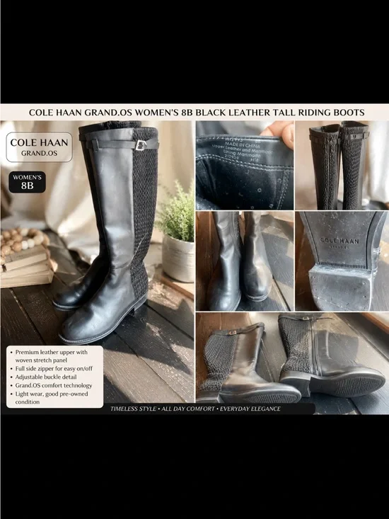 Cole Haan Black Leather Over-the-Knee Riding Boots with Woven Stretch Panels