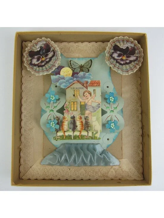 Antique Valentine 3D Cupid Cats Butterfly Moon Blue Fabric Large Store Box RARE