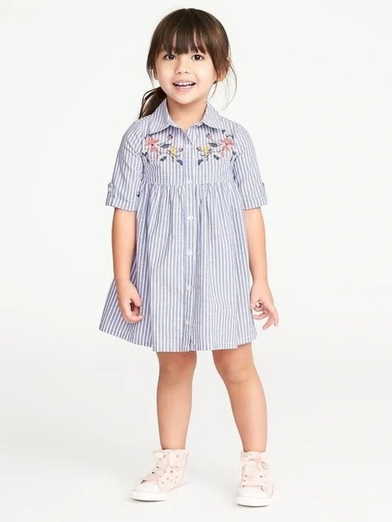 Old Navy Girls 18-24M Blue and White Striped Floral Embroidered Dress.