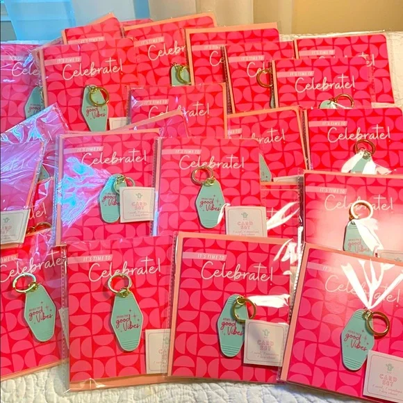Key Chain Time to Celebrate Note cards NEW 30 Pc Bring the good vibe Keychains