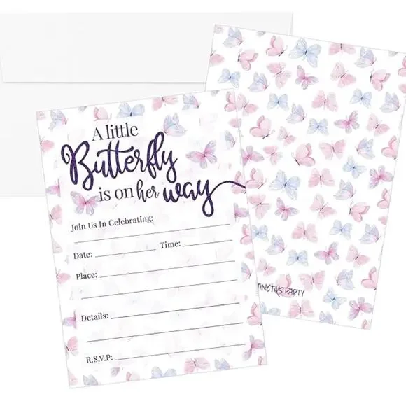 Butterfly Girl Baby Shower‎ Party Invitations A Butterfly Is On Her Way 10 Pcs