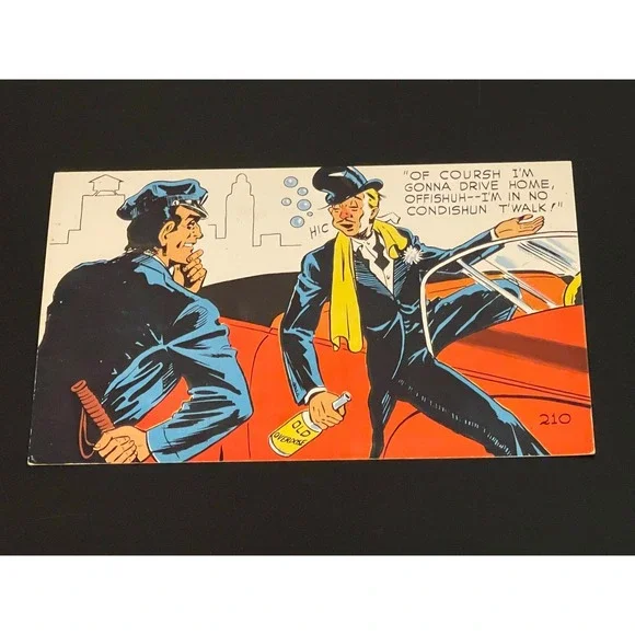 00706 Vintage Comicard by Clem Police Officer Man Driving Car Funny Art Postcard