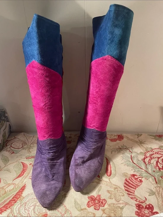 Vintage 80s Queen’s Multicolor Colorblock Patchwork Suede Slouch Boots Boho Sz8