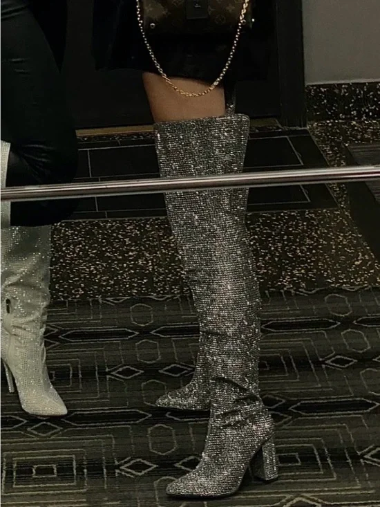 Silver Rhinestone Over-the-Knee Block Heel Boots