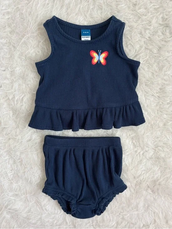 Old Navy Baby Ribbed Ruffle Tank Top & Bloomers Set with Colorful Butterfly