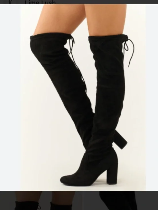 Black Over-The-Knee Block Heel Boot with Tie Detail