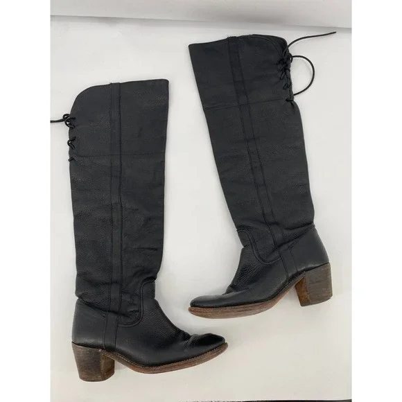 Free People Tall Lace Up Boots Women 38 Black Leather Block Heel‎ Over The Knee