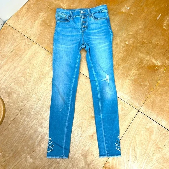 Old navy girls size 10 skinny jeans embroidered raw‎ hem button fly