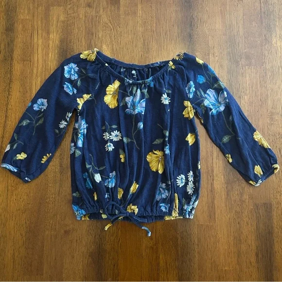 Old Navy Girls XS (5) Navy Floral Long Sleeve Peasant Top w/ Drawstring Hem