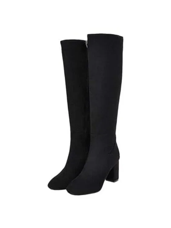 Black Womens Faux Suede Zip Chunky Heel Knee High Heeled Boots