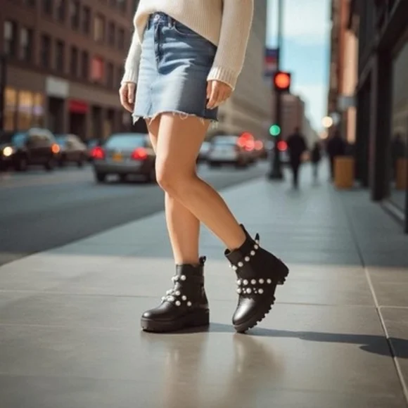 Black Leatherette Pearl Stud Platform Combat Boots Women's Size 7.5 Good Plus