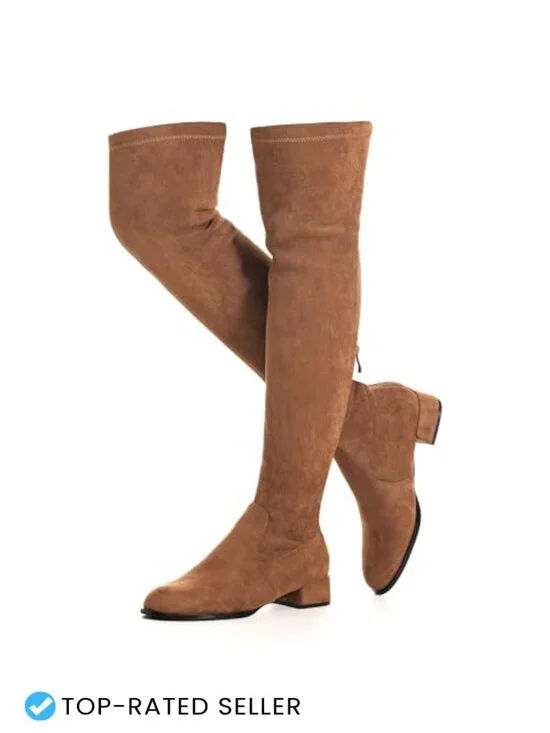 Over the Knee Boots Faux Suede Low Block Heel Stretchy OTK Winter Flat Comfort