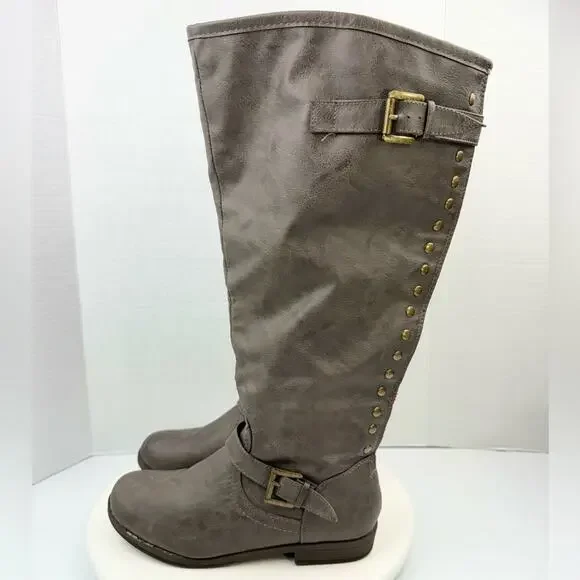 JOURNEE COLLECTION Womens Sz 8.5 Knee High Spokane Taupe Zip Up Boots Brown‎