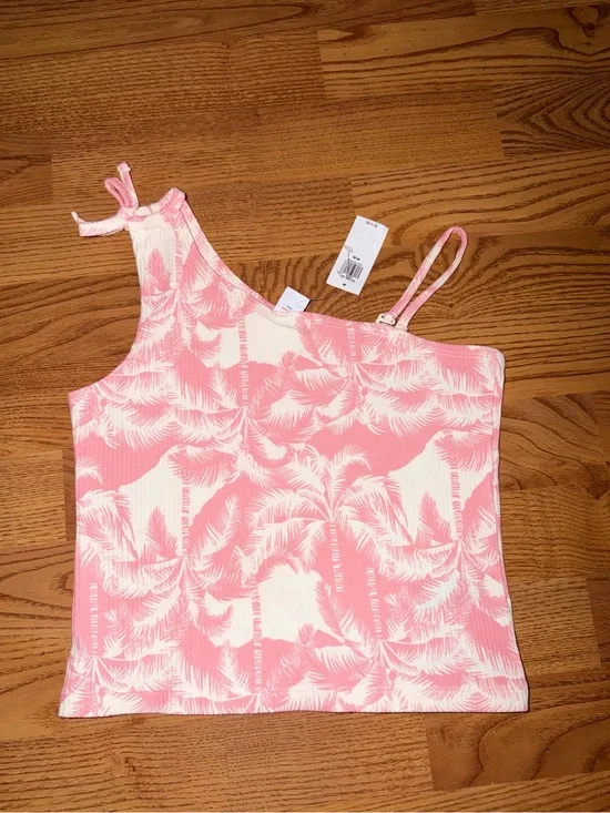 Old Navy Girls Pink Palm-Print One-Shoulder Tank Top