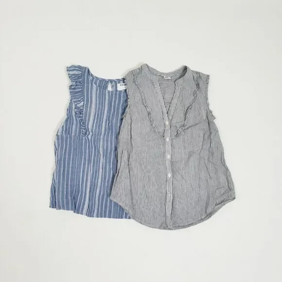 Bundle Old Navy Girls Blue Pinstipe Shirts 14/16 Ruffles Sleeveless Cottagecore