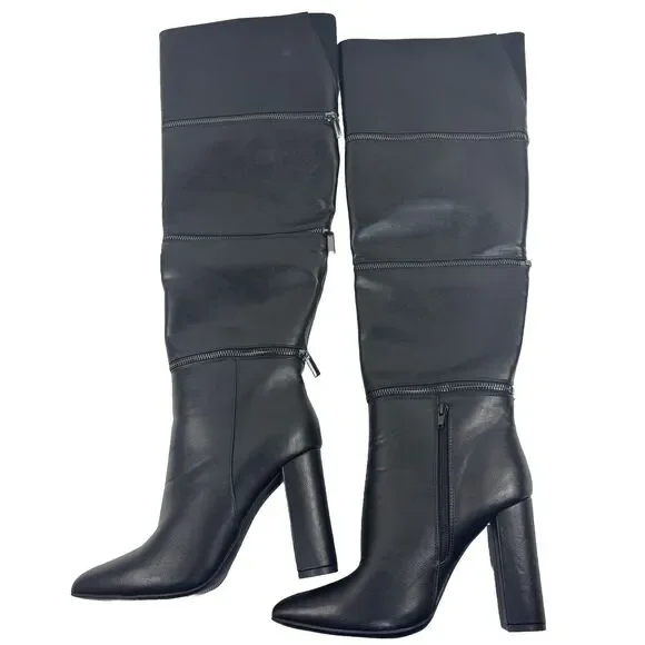 Black Faux Leather Multi Zipper Convertible Over‎ The Knee Boots Women Size 8