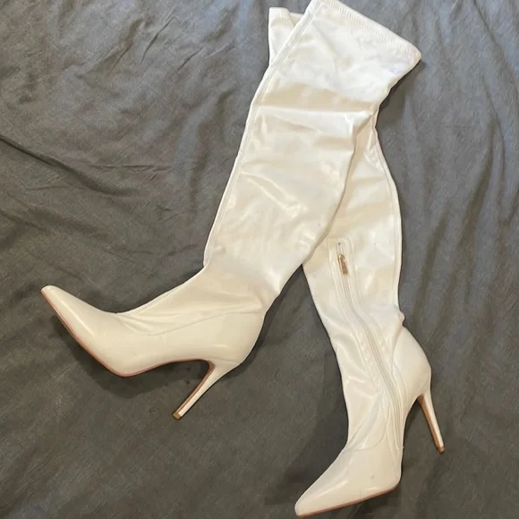 White thigh-high faux suede boots