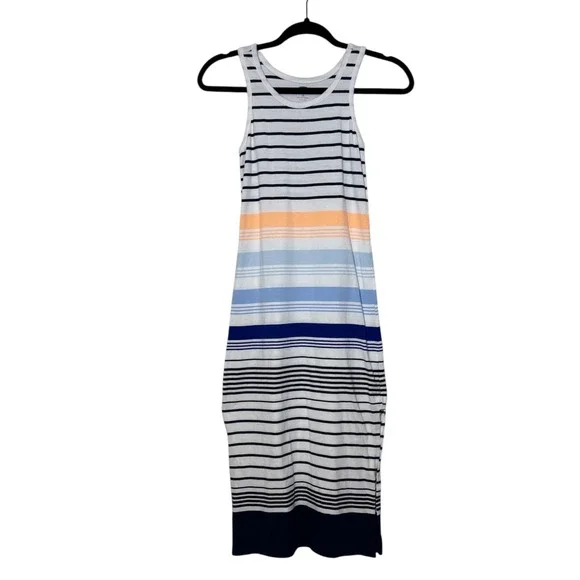 Old Navy Girls Striped Midi Dress Size 8 White Navy Blue Coral Summer Vacation