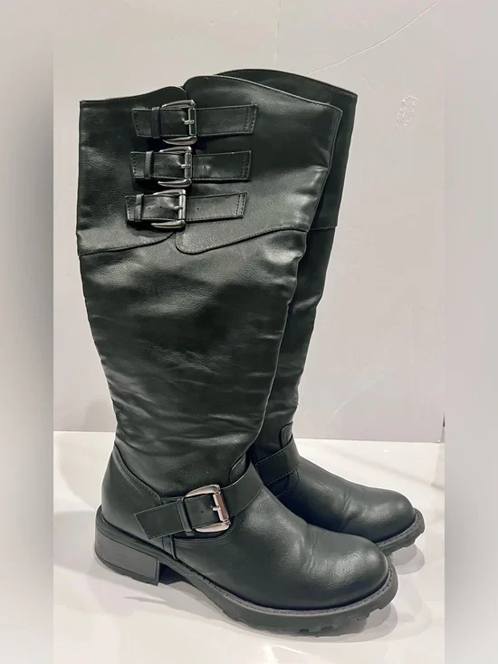 Journee Collection Women's Tall Black Buckle Boots Wide Calf- Sleek Riding Style