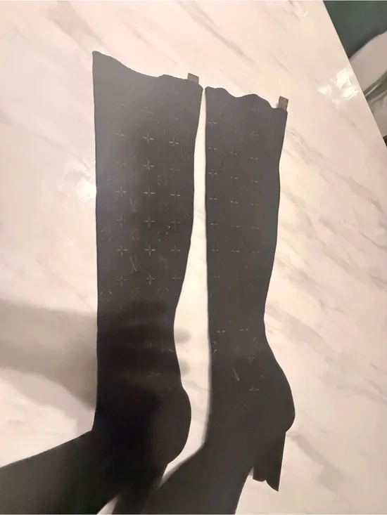 Louis Vuitton Black Over-the-Knee Monogram Stretch Boots with Block Heel
