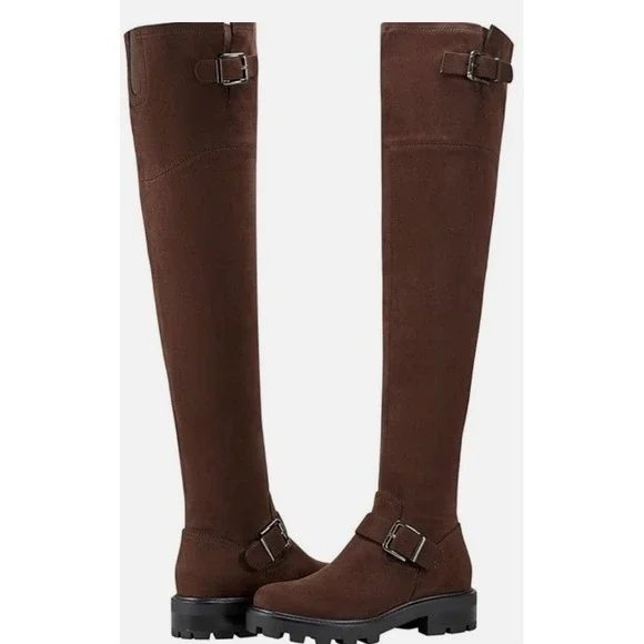 Marc Fisher LTD Ganven Brown Faux Leather Over The Knee Lug Sole Buckle Boot 8.5